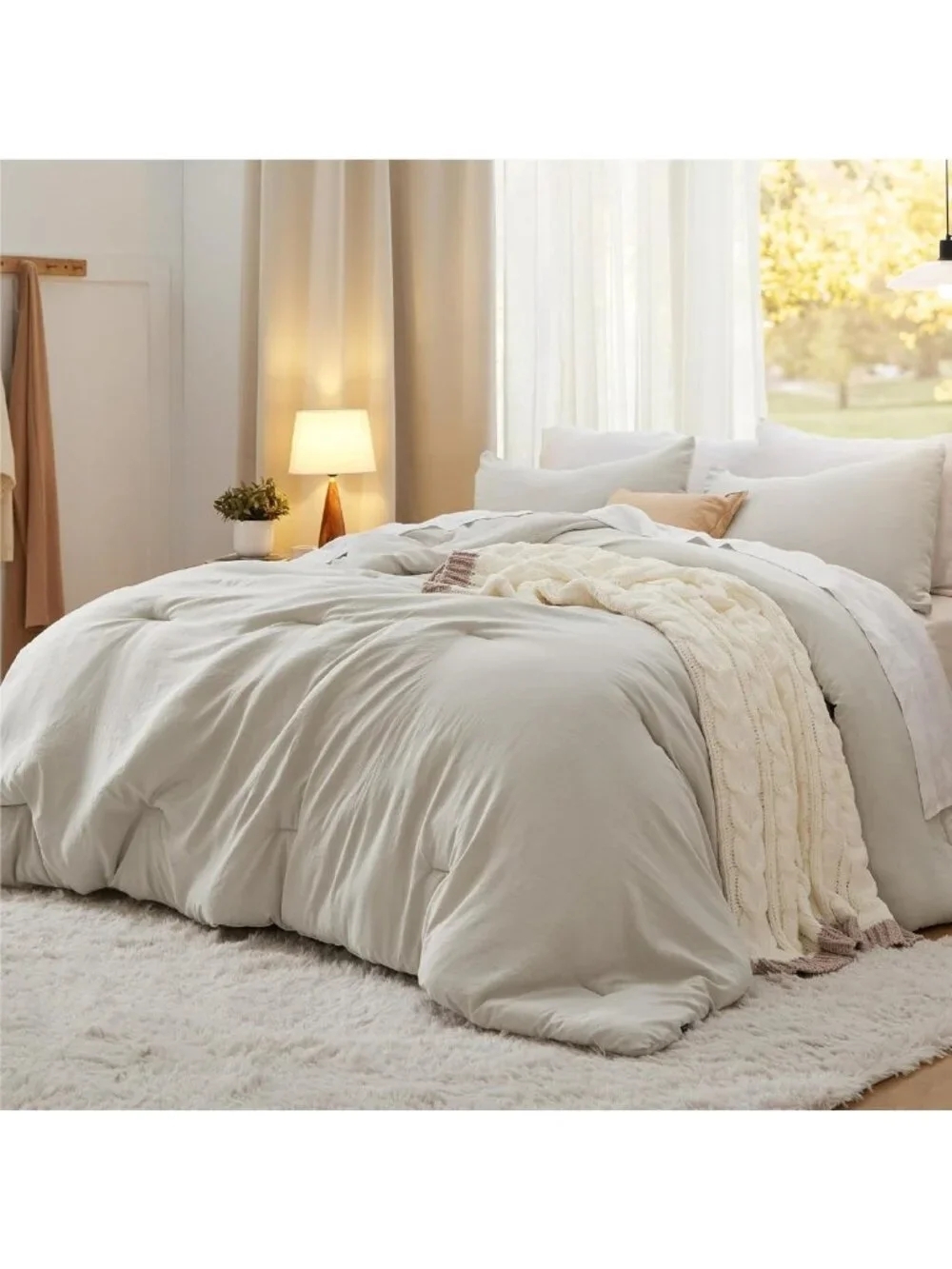 Cozy Beige Queen Comforter Set - Soft Prewashed Bedding, 3-Piece All-Season Bed